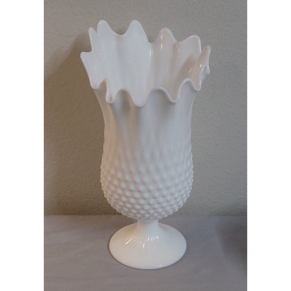 Vintage Fenton Hobnail Milk Glass Handkerchief Swung Footed Vase 12" Ruffled Rim